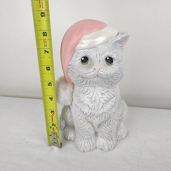 Vintage Christmas Santa Hat 8.5" Cat Kitten Kitty Ceramic Statuette Gray Cottage - Picture 2 of 9